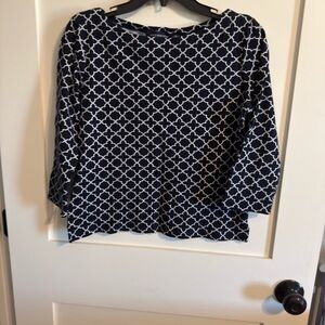 Jones New York Navy and White Patterned Long Sleeve Top